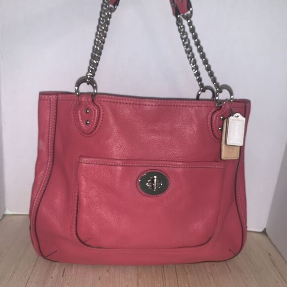 Coach Pink Poppy Leather Handbag Large 24081 Double Chain Handle turnlock pocket - Picture 1 of 16